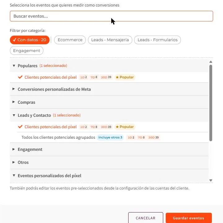 Al buscar un evento propio por nombre, el selector explica que Meta no lo publica con su nombre y ofrece usar el renglón que lo suma o crear una conversión personalizada.