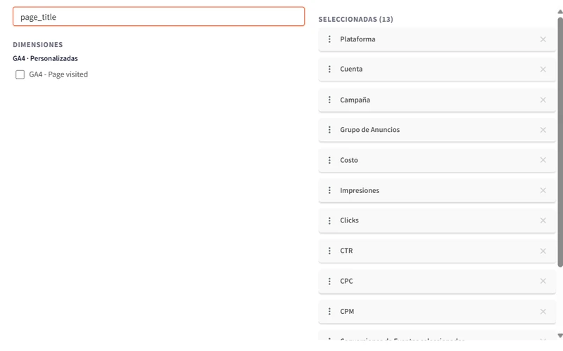 Se marcan GA4 - Page visited y GA4 - Conteo eventos, se aplica a la plantilla y el gráfico de distribución pasa a mostrar el conteo de eventos por cada página visitada