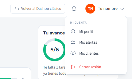 Menú con tu nombre, arriba a la derecha: Mi cuenta, con Mi perfil, Mis alertas y Mis clientes, y Cerrar sesión