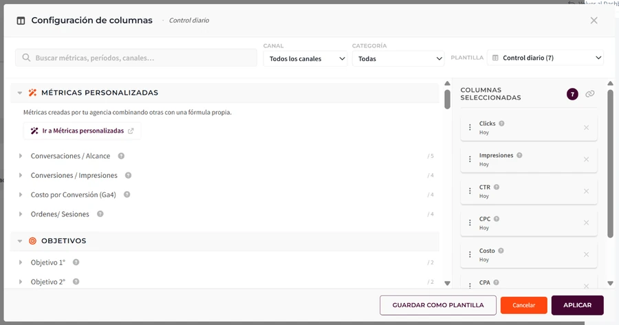 Configuración de columnas: al buscar «costo» y marcar el período Ayer, la columna Costo · Ayer se suma al final de Columnas seleccionadas.