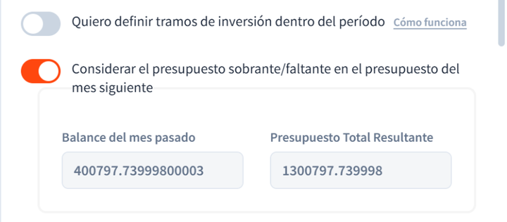 Al activar «Considerar el presupuesto sobrante/faltante en el presupuesto del mes siguiente» aparecen el Balance del mes pasado y el Presupuesto Total Resultante.