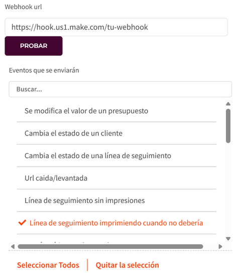 La tarjeta Avisos en tu chat o gestor de tareas: el campo Webhook url, el botón Probar y la lista Eventos que se enviarán.