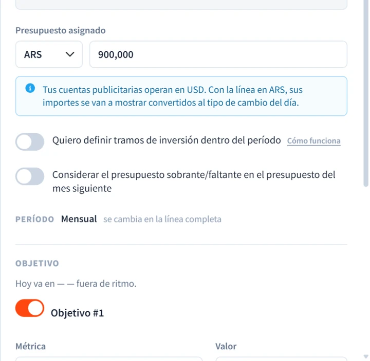 En el cajón de la línea, al activar «Quiero definir tramos de inversión dentro del período» aparece la modalidad Acumulado al día con su primer tramo: al día 7, el 50% del presupuesto.