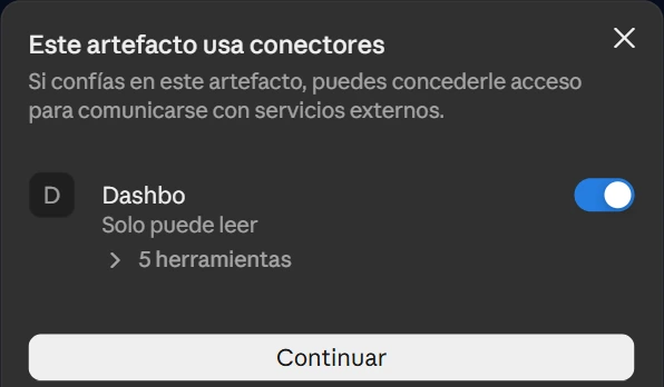 Aviso de Claude «Este artefacto usa conectores»: Dashbo, Solo puede leer, 5 herramientas, con el botón Continuar