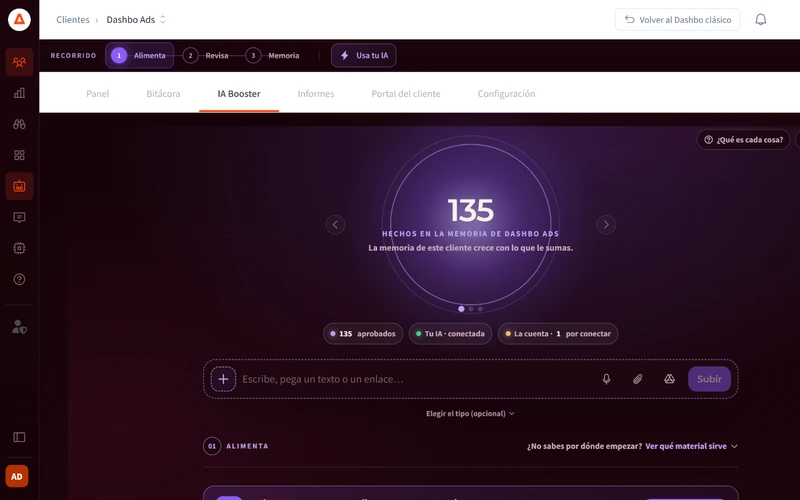 IA Booster de Dashbo Ads en Alimenta: se pega en el cuadro el resumen de una reunión y se hace clic en Subir