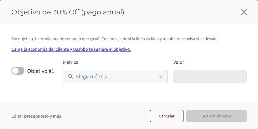 Ventana Objetivo de una línea sin objetivo: explica para qué sirve, con Objetivo #1, la métrica, el valor y el botón Guardar objetivo