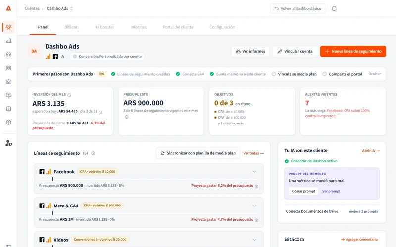 Desde el panel de Dashbo Ads, clic en la solapa Informes: se abre un informe nuevo de ese cliente con sus ajustes y su hoja