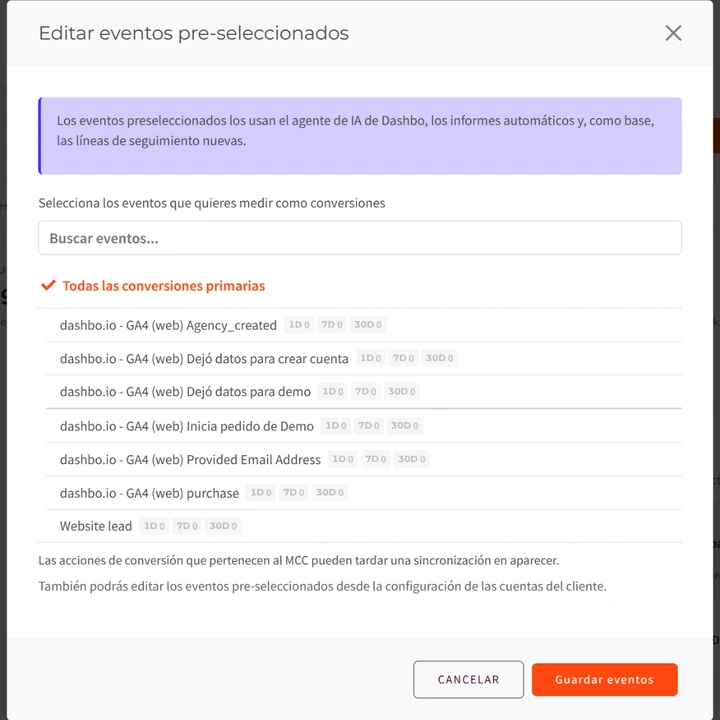 Editar eventos de una cuenta de Google Ads: al marcar una acción de conversión se desmarca «Todas las conversiones primarias»; después se hace clic en Guardar eventos.