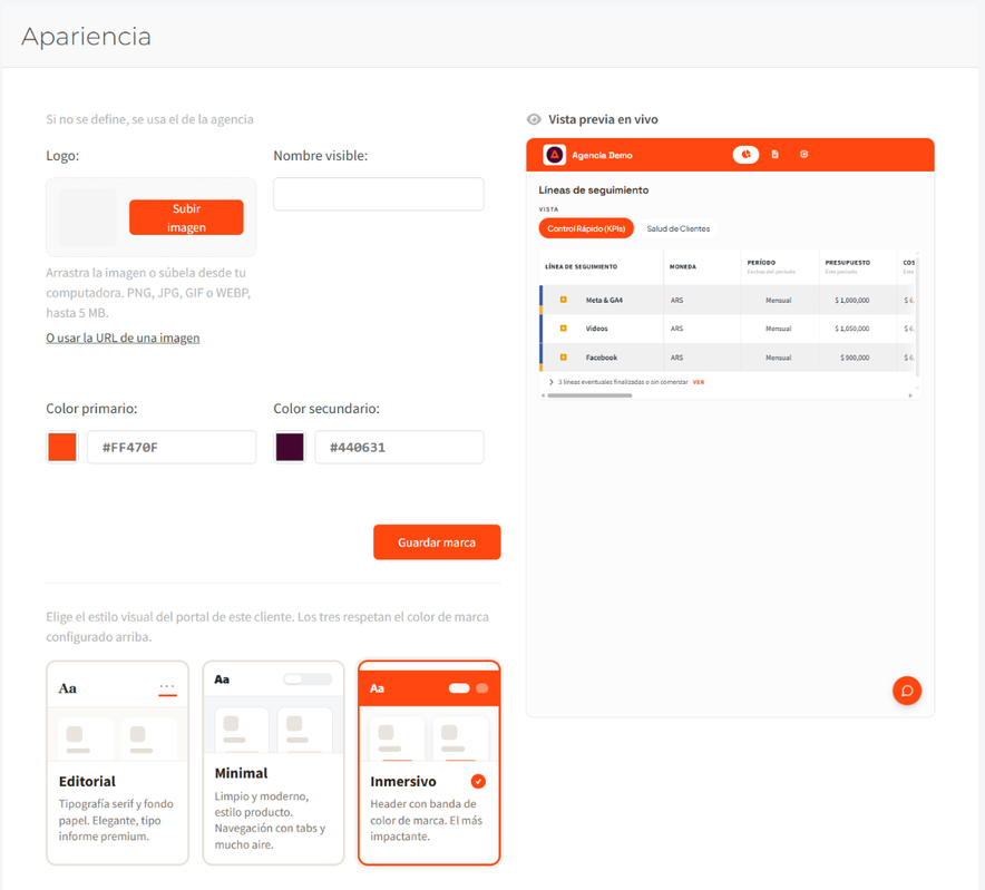 Sección Apariencia del portal: logo, nombre visible, colores, estilos visuales y vista previa en vivo con las líneas de seguimiento