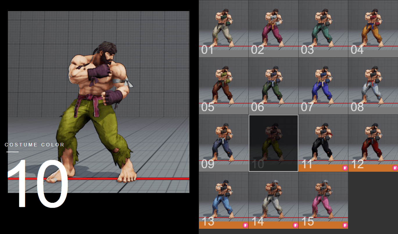 Costume and alternative outfit colors for Guile: Street Fighter 4