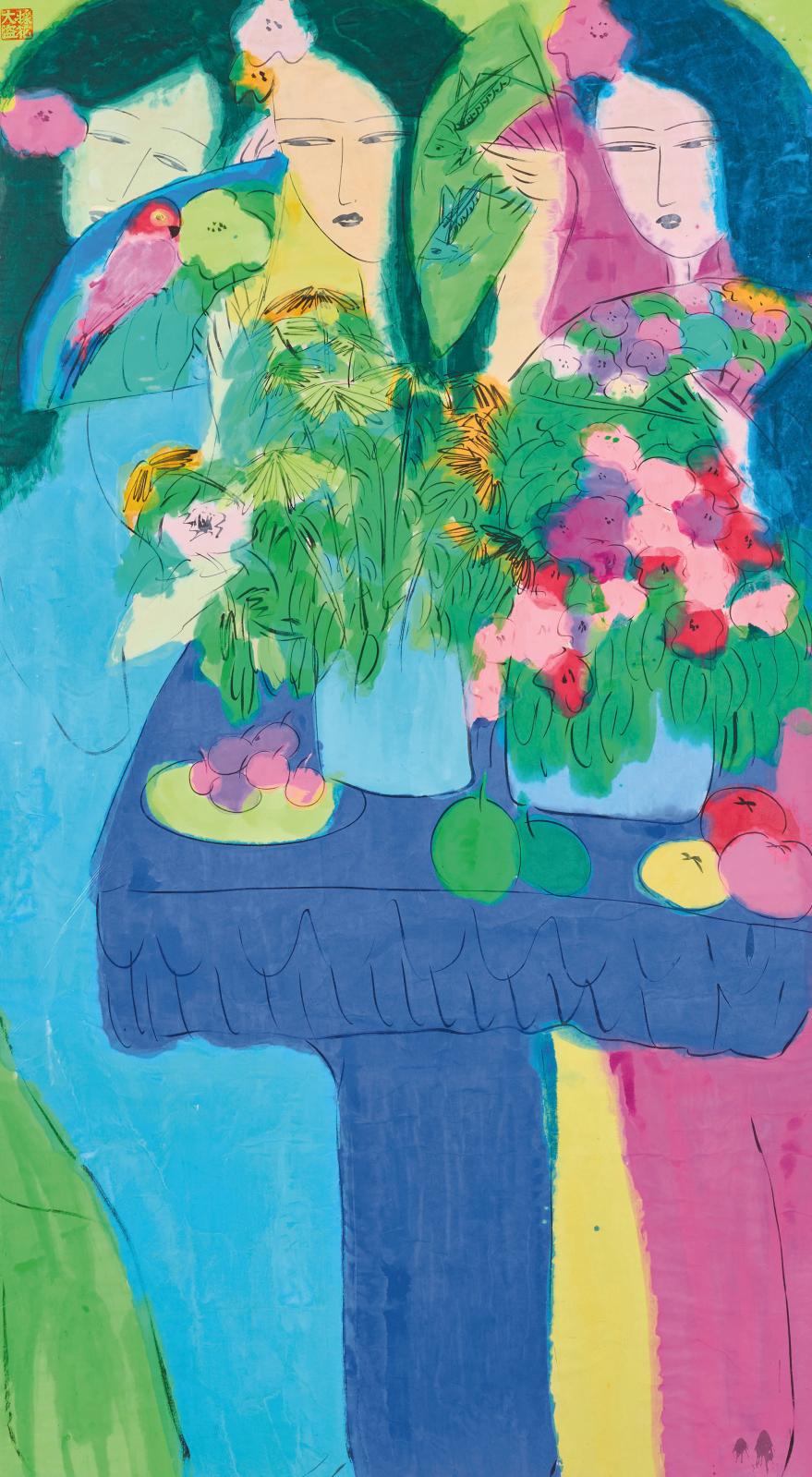 Walasse Ting (1929-2010), Trois femmes, gouache sur papier, signé du cachet de l’artiste dans l’angle supérieur gauche, 177 x 97,5 cm. Est