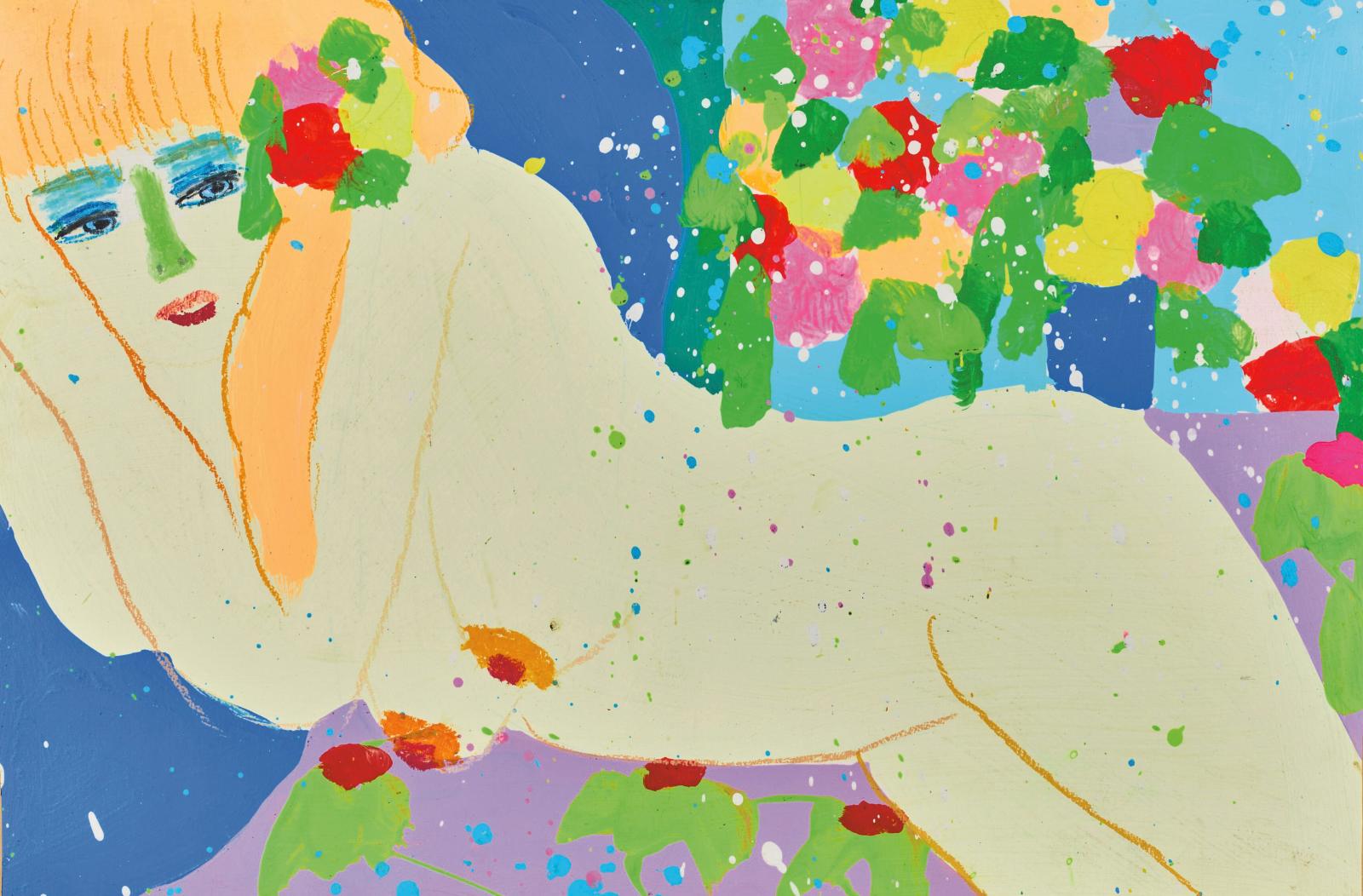 Walasse Ting, Nu, acrylique et pastel gras sur papier marouflé sur toile, signé en bas à droite, 43,5 x 65 cm. Estimation : 3 000/5 000 €©
