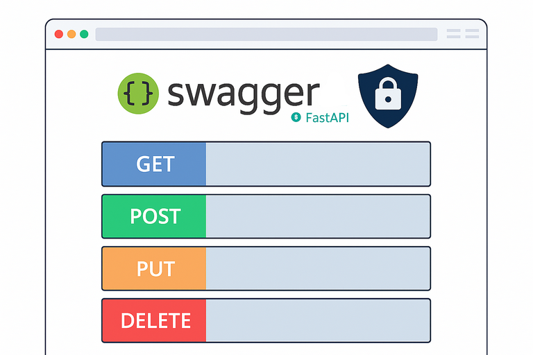 FastAPI Swagger and OpenAPI documentation protected by authentication, showing a browser window with shield and padlock icons