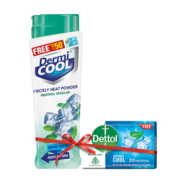 Dermicool Prickly Heat Powder Menthol Regular with Dettol Intense Cool Soap 125gm Free