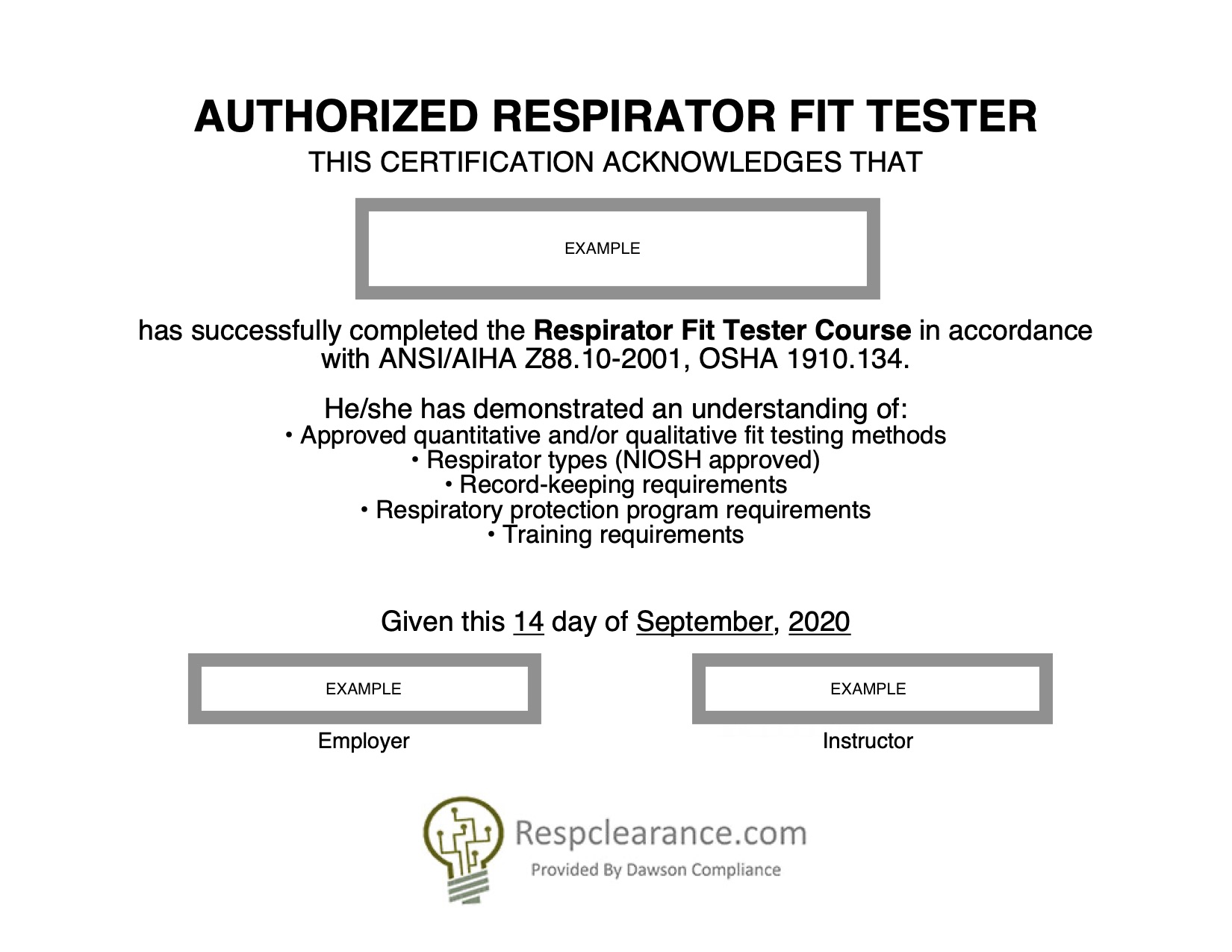 RespClearance.com - Respirator Medical Evaluation and Fit Tester With Osha 10 Card Template