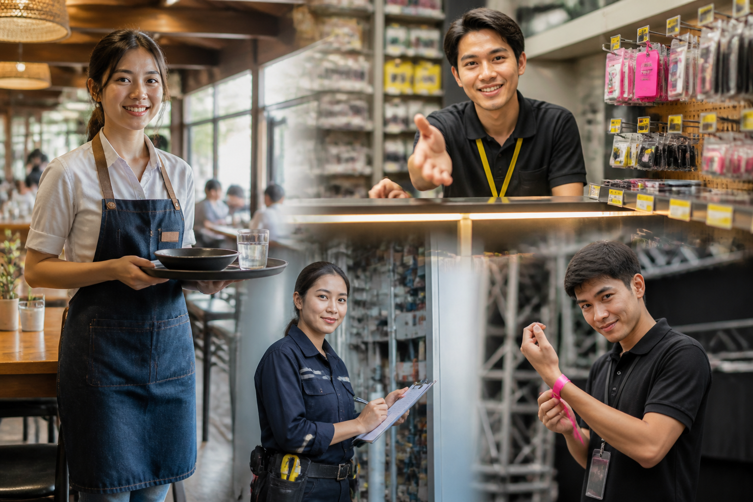 ภาพคอลลาจพนักงาน blue-collar ชาวไทยสี่คนจากหลากหลายอาชีพ ได้แก่ พนักงานเสิร์ฟ พนักงานร้านค้า ช่างเทคนิค และพนักงานอีเวนต์ ทุกคนยิ้มมองกล้องในสภาพแวดล้อมการทำงานจริงของตัวเอง