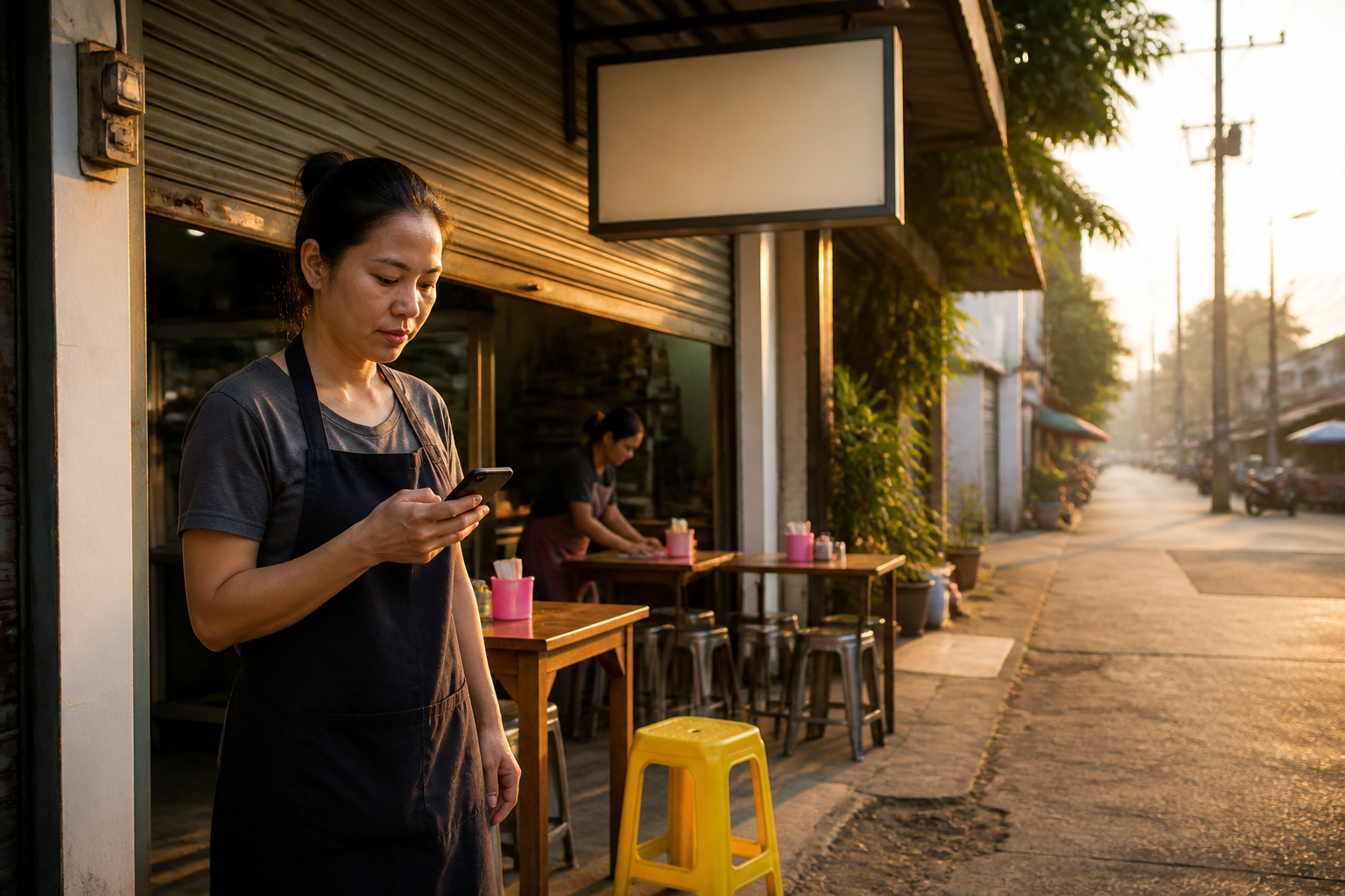 เจ้าของร้านอาหารหญิงวัยราว 30 ปลายๆ ยืนหน้าร้านในช่วงเช้า กำลังดูมือถืออย่างตั้งใจ ด้านหลังเป็นร้านที่กำลังเตรียมเปิด มีโต๊ะและเก้าอี้ที่จัดไว้บางส่วน และพนักงานกำลังเช็ดโต๊ะ