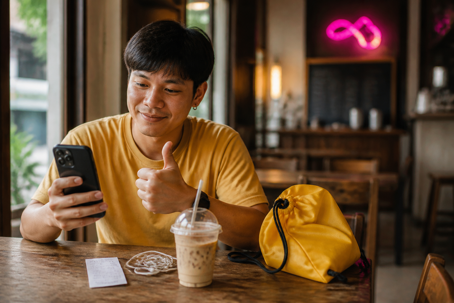 ชายหนุ่มชาวไทยนั่งอยู่ในร้านกาแฟบรรยากาศเรียบง่าย กำลังดูแอปธนาคารในมือถือหลังเลิกงาน ใบหน้าแสดงความพึงพอใจ นิ้วโป้งยกขึ้นเบาๆ บนโต๊ะมีกระเป๋าสีเหลืองและกาแฟเย็น แสงบ่ายอ่อนๆ ส่องผ่านหน้าต่าง