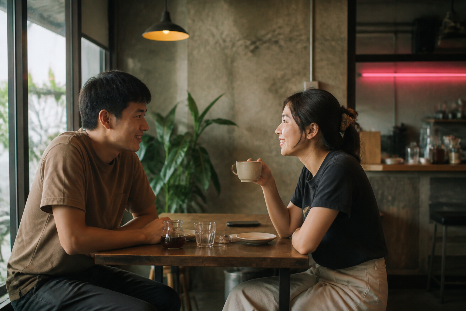 หนุ่มสาวไทยอายุประมาณ 20 กว่าปีสองคน นั่งคุยกันอย่างเป็นธรรมชาติในร้านกาแฟโมเดิร์นสไตล์กรุงเทพฯ บรรยากาศอบอุ่น แสงธรรมชาติส่องผ่านหน้าต่างด้านซ้าย ทั้งคู่แต่งกายด้วยชุดทำงานธรรมดา ดูผ่อนคลายและเป็นกันเอง