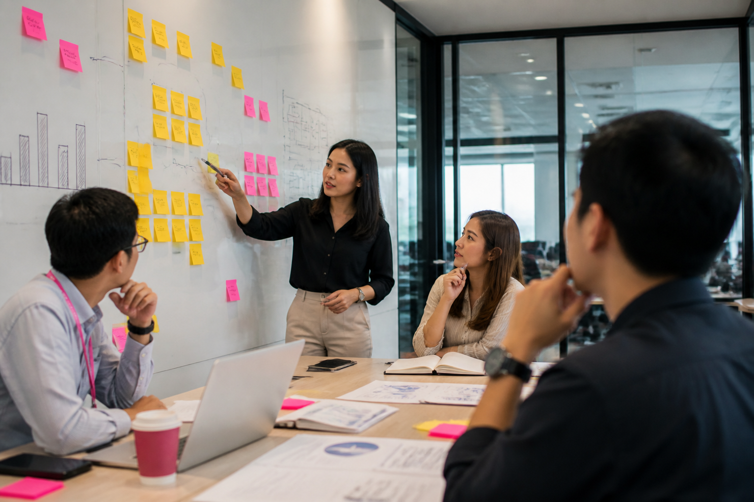 ทีม HR ชาวไทย 4 คน กำลังระดมความคิดอยู่หน้ากระดาน whiteboard ขนาดใหญ่ที่เต็มไปด้วย sticky notes สีเหลืองและสีชมพู พร้อมลูกศรแผนงานและกราฟแบบร่าง ในห้องประชุมสมัยใหม่กลางกรุงเทพฯ บรรยากาศกระตือรือร้นและเป็นทีมเวิร์ก