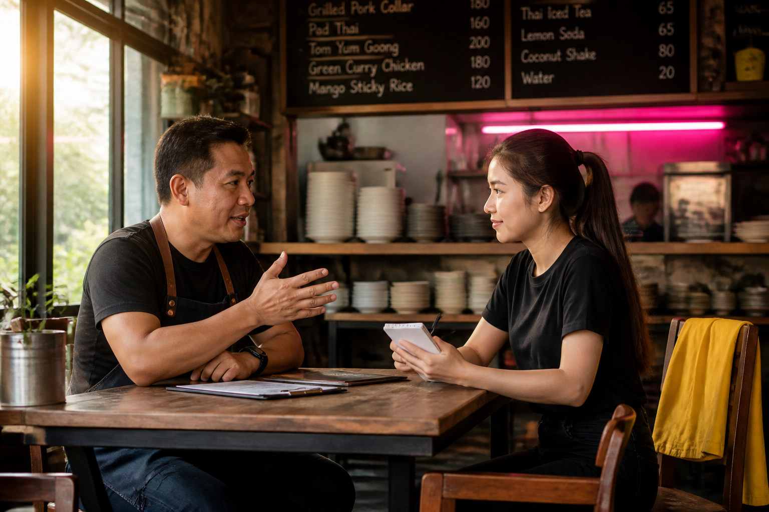 เจ้าของร้านอาหารชายไทยวัยกลางคนกำลังพูดคุยกับผู้สมัครงานหญิงสาวอย่างเป็นกันเองที่โต๊ะในร้านอาหาร บรรยากาศอบอุ่นพร้อมพื้นหลังครัวที่ยังคงทำงานอยู่