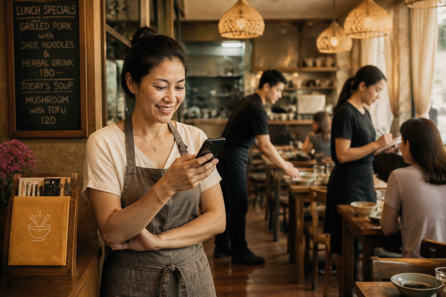 เจ้าของร้านอาหารหญิงไทยยืนยิ้มพอใจขณะดูสมาร์ตโฟน โดยมีพนักงานใหม่กำลังทำงานอยู่เบื้องหลังในร้านที่คึกคัก