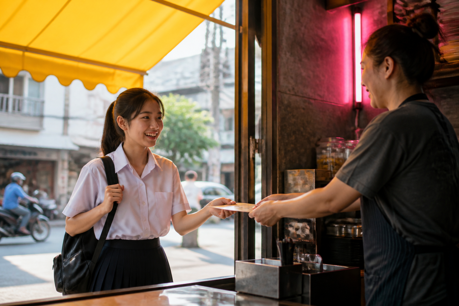 นักเรียนหญิงไทยสวมชุดนักเรียนกำลังรับเมนูจากพนักงานร้านอาหารที่ทางเข้าร้านในกรุงเทพฯ บรรยากาศกลางวันสดใส