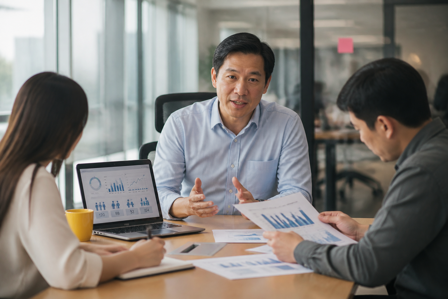 HR Manager ชายชาวไทยในเสื้อเชิ้ตสีฟ้าอ่อน กำลังพูดคุยกับทีม operations ในออฟฟิศโมเดิร์นกรุงเทพฯ โดยมีหน้าจอแล็ปท็อปแสดง dashboard ข้อมูลกำลังพลวางอยู่บนโต๊ะประชุม