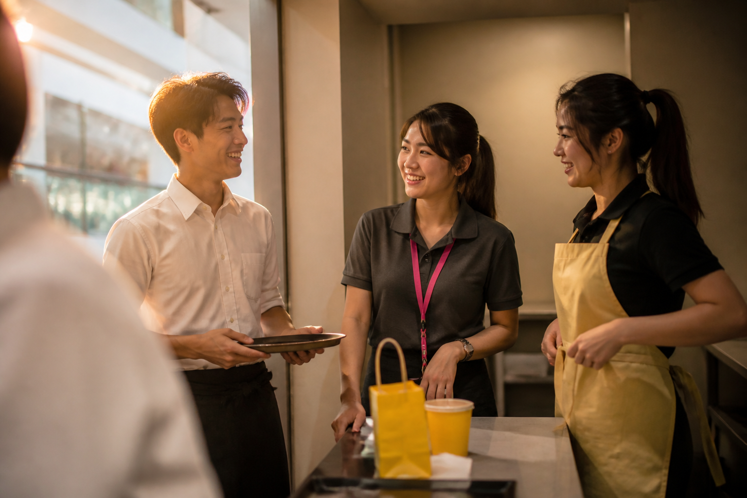 พนักงานหนุ่มสาวชาวไทย 3 คนในเครื่องแบบบริการที่ต่างกัน กำลังพูดคุยและยิ้มกันในช่วงเปลี่ยนกะภายในห้างสรรพสินค้าหรือร้านอาหารในกรุงเทพฯ บรรยากาศอบอุ่นและเป็นกันเอง