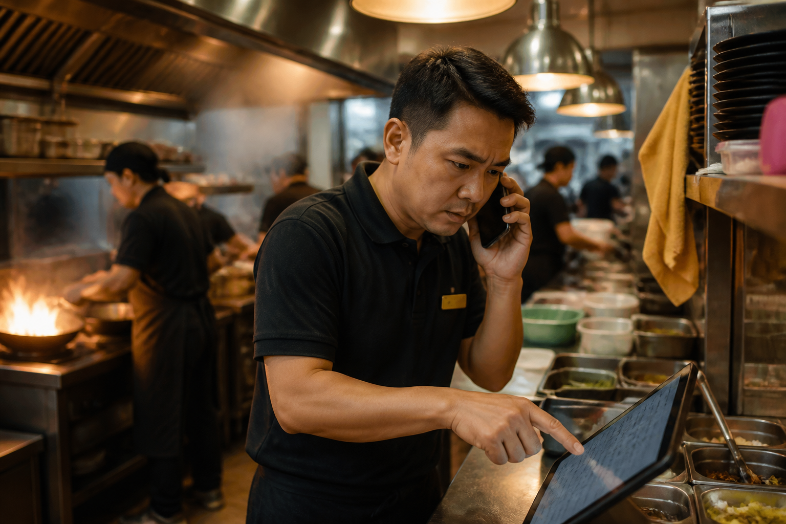 ผู้จัดการร้านอาหารชายชาวไทยวัยกลางคนกำลังโทรศัพท์และชี้ที่แท็บเล็ตในครัวที่วุ่นวายระหว่างช่วงพีคกลางวัน สีหน้าแสดงถึงความกังวลขณะกำลังจัดการแก้ปัญหาเรื่องพนักงาน