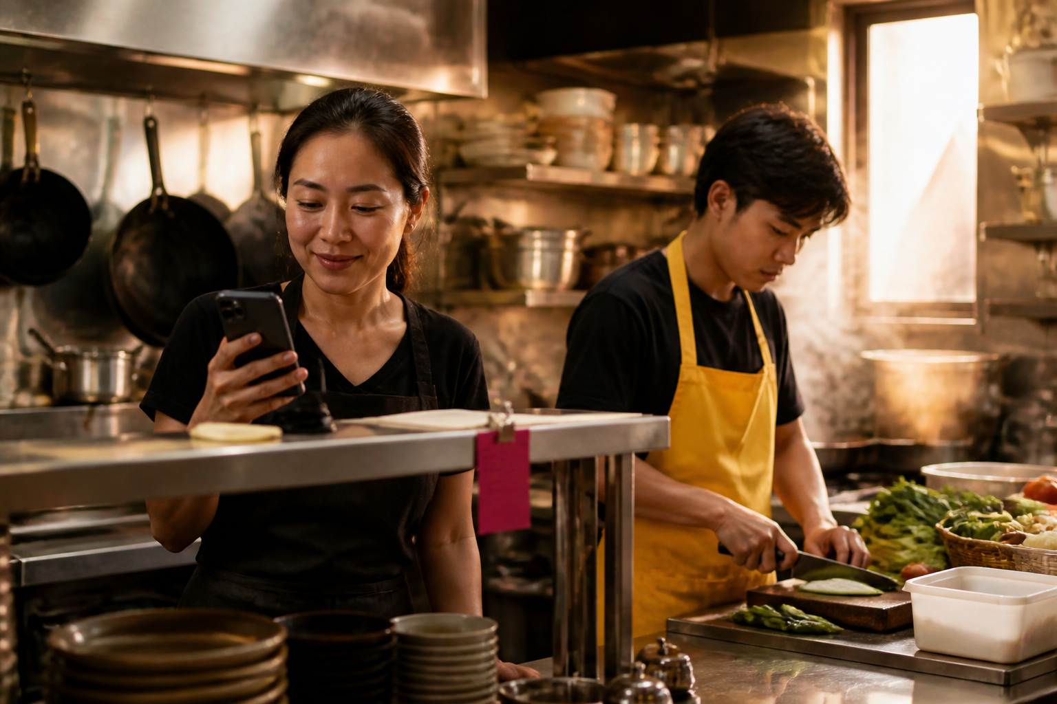 เจ้าของร้านอาหารไทยในกรุงเทพฯ ถือโทรศัพท์ด้วยสีหน้าโล่งใจ ขณะที่พนักงานใหม่สวมเอี๊ยมสีเหลืองกำลังเตรียมอาหารในครัวช่วงเช้าวันหยุด บรรยากาศครัวยุ่งแต่เป็นระเบียบ มีแสงธรรมชาติอบอุ่น