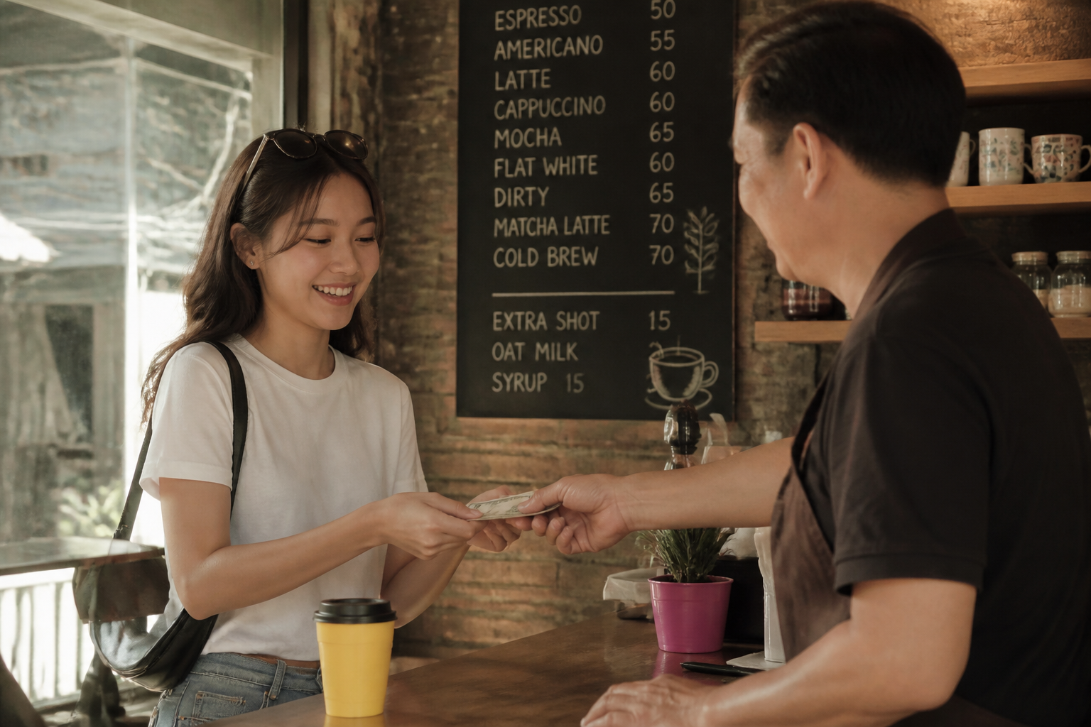 นักศึกษาหญิงชาวไทยในชุดลำลองยิ้มรับเงินสดจากผู้จัดการร้านกาแฟ ภายในร้านกาแฟขนาดเล็กในกรุงเทพฯ ที่มีแสงธรรมชาติอบอุ่นส่องผ่านหน้าต่าง