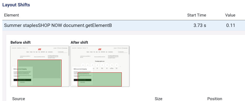 DebugBear layout shifts