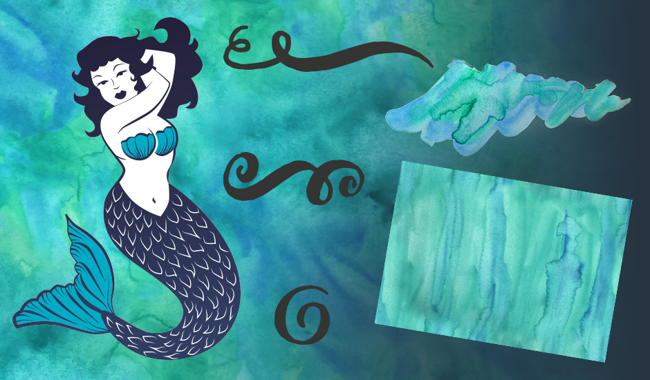 Watercolour Textures, Decorative Swirls and Mermaid Vectors Pack