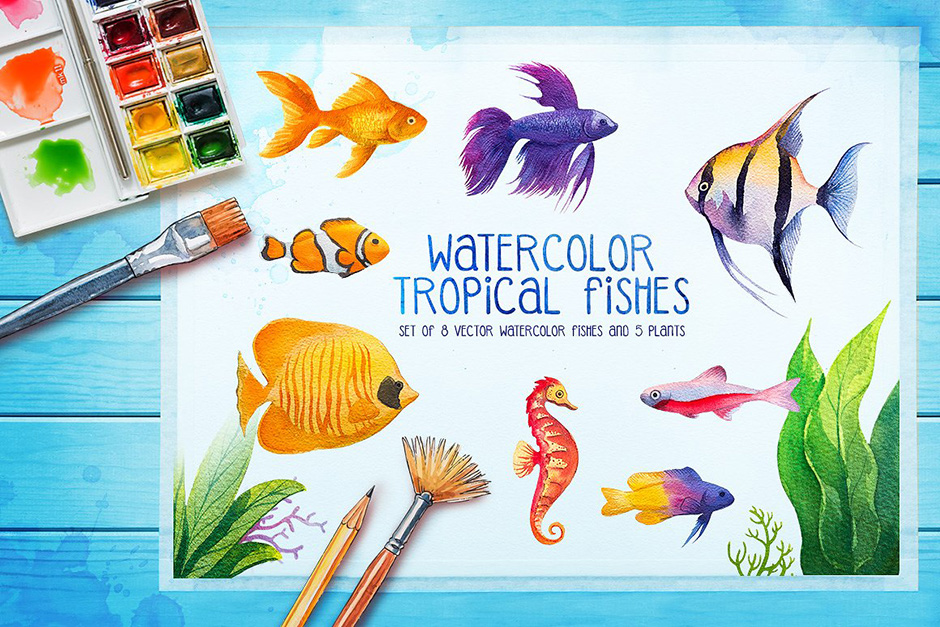 Watercolor Fish and Aquarium Graphics
