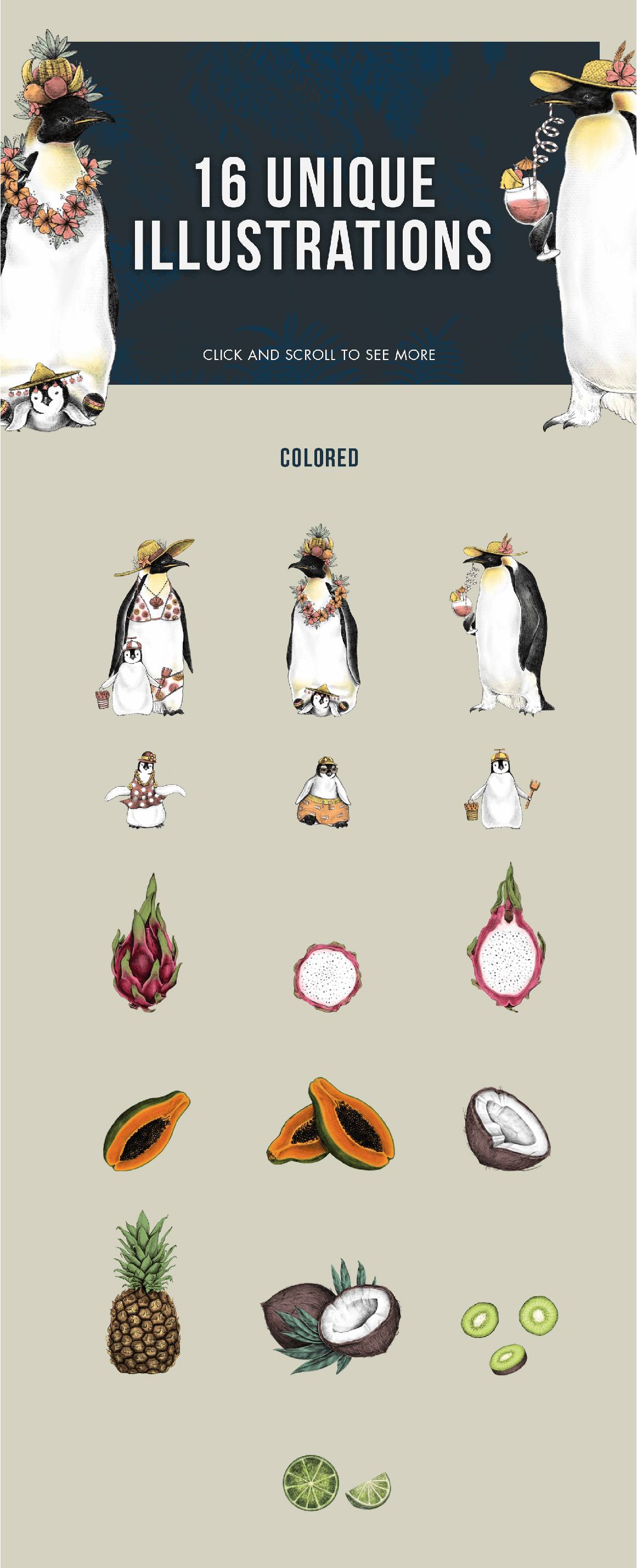 Tropical Penguin and Fruits Graphic Pack