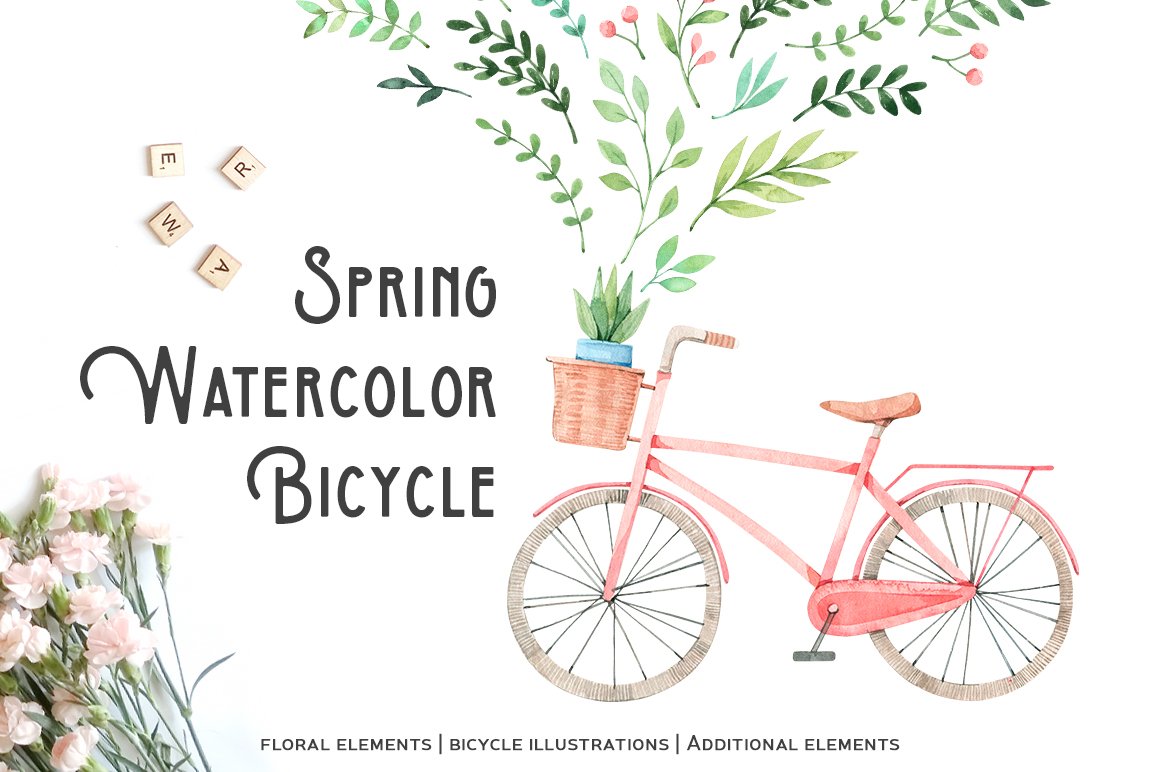 Spring Watercolor Floral & Bicycle Collection