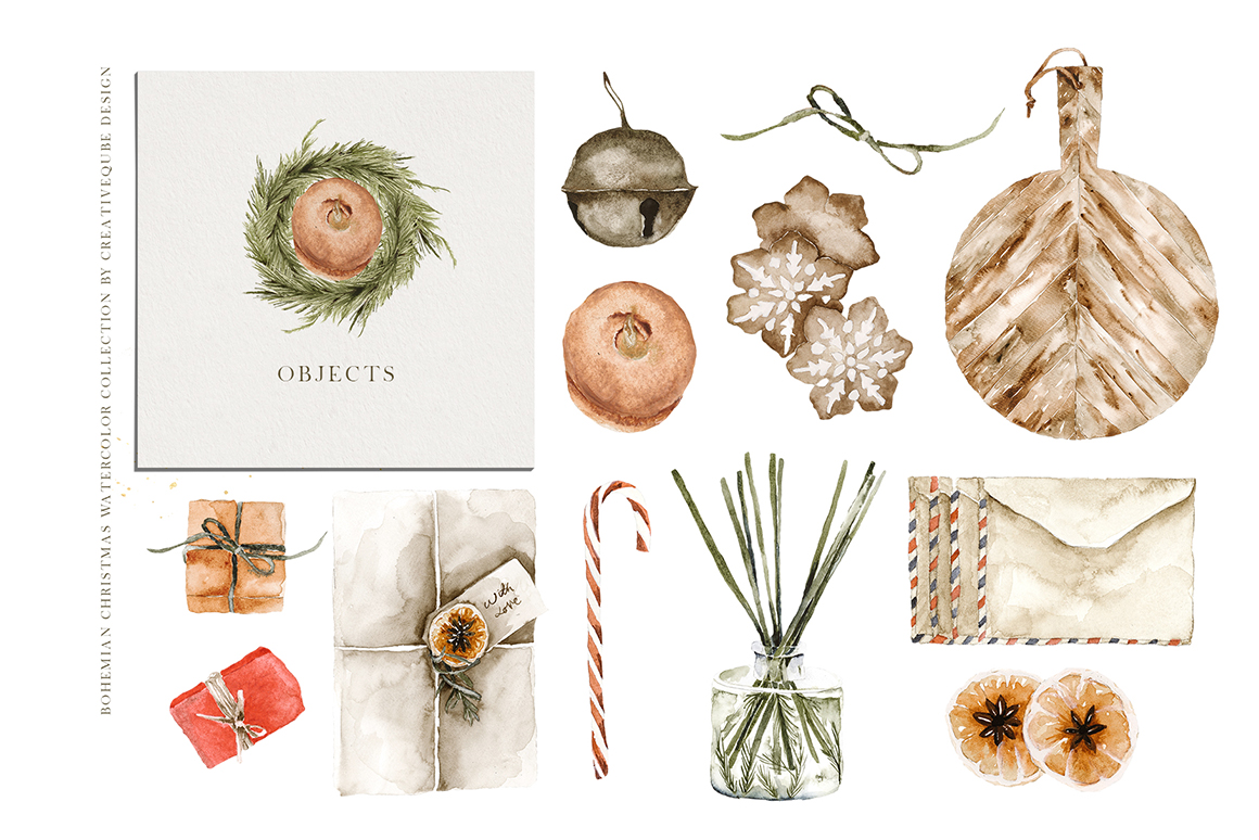 Bohemian Christmas Digital Watercolor Clipart Set - Design Cuts