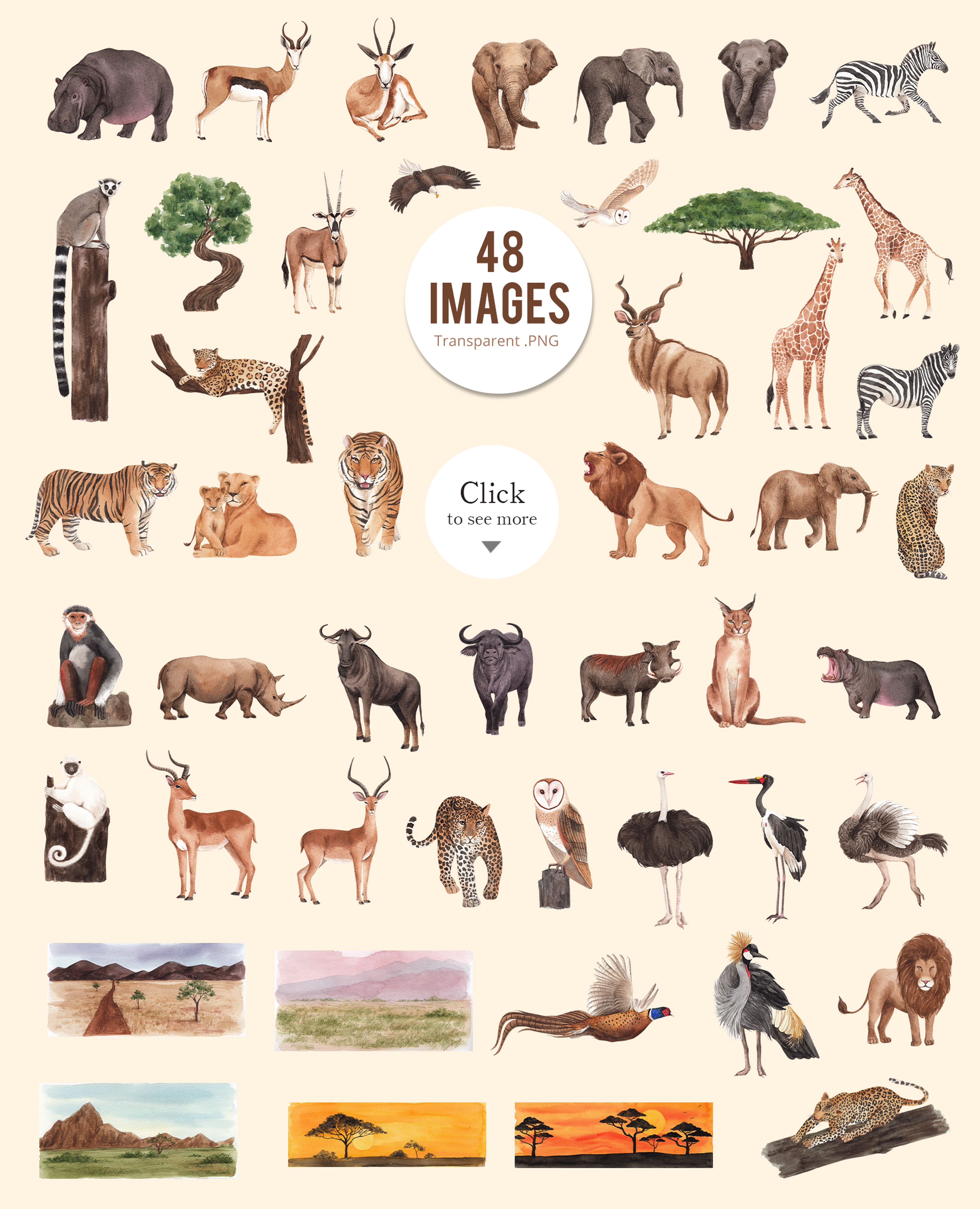 Animals of the Savanna Wildlife Watercolor - Design Cuts Animals of the Savanna Wildlife Watercolor - Design Cuts