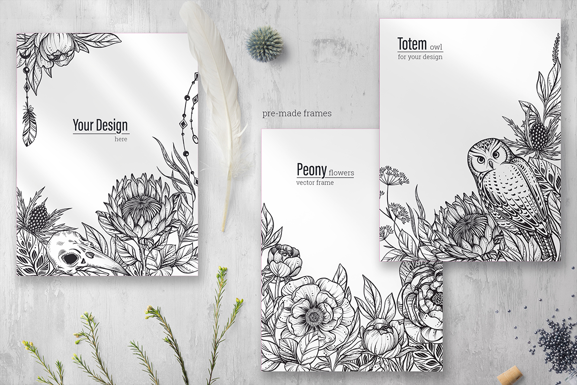 Totem Animals and Flowers Vector Set