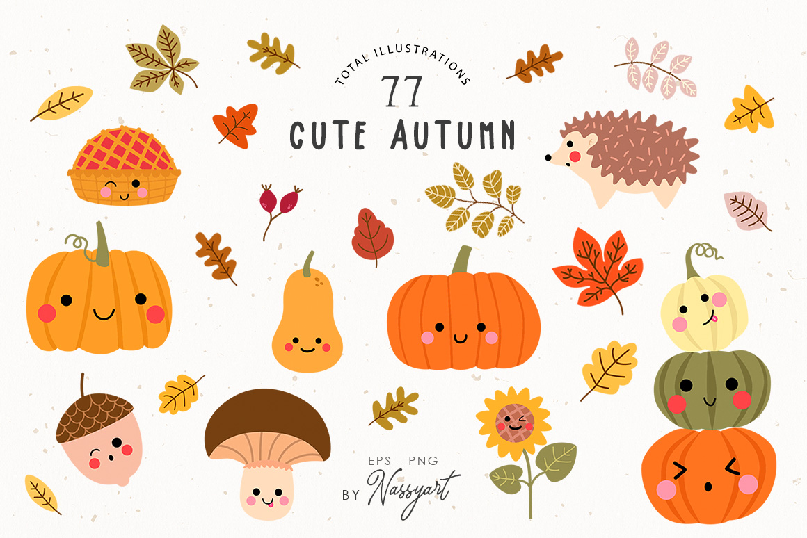 Set of high quality hand drawn Kawaii Thanksgiving clipart