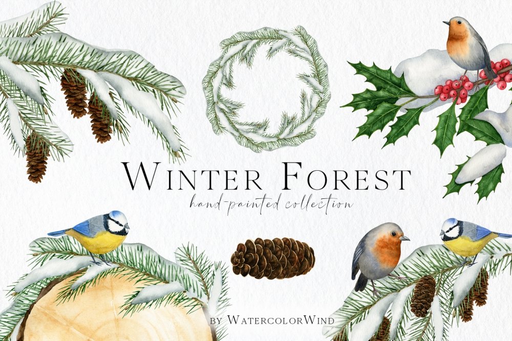 Watercolor Winter Forest Clipart