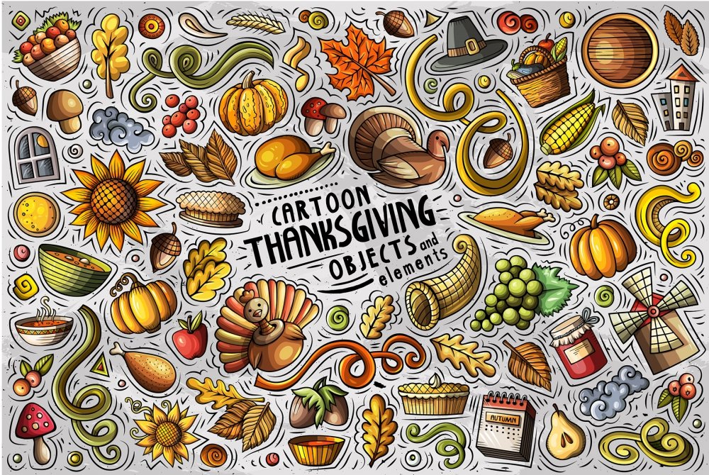 Happy Thanksgiving Cartoon Objects and Symbols Collection