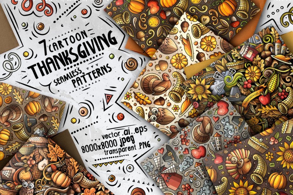 Thanksgiving Cartoon Doodle Seamless Patterns