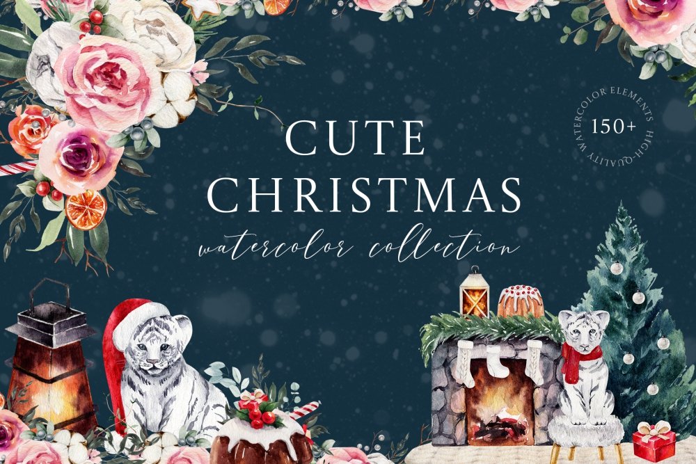 Cute Christmas – Watercolor Winter Clipart with Tigers