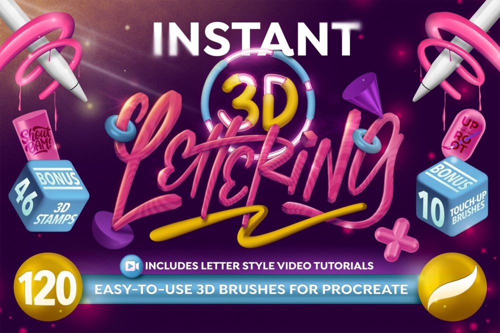 Instant 3D Lettering For Procreate – Brushes & Stamps