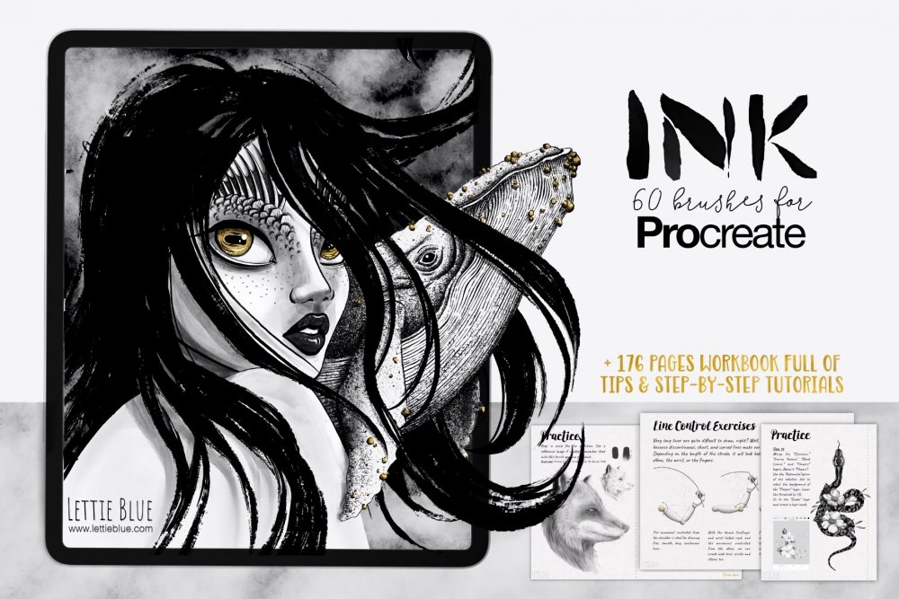 12 Lineart Procreate Brushes, Inking Brush Set M047