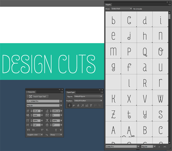 Monster creative font bundle demo tutorial - Glyphs panels