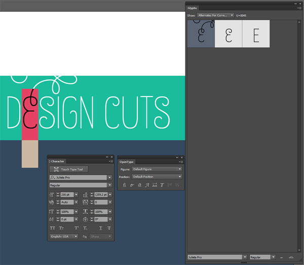 Monster creative font bundle demo tutorial - Glyphs panels