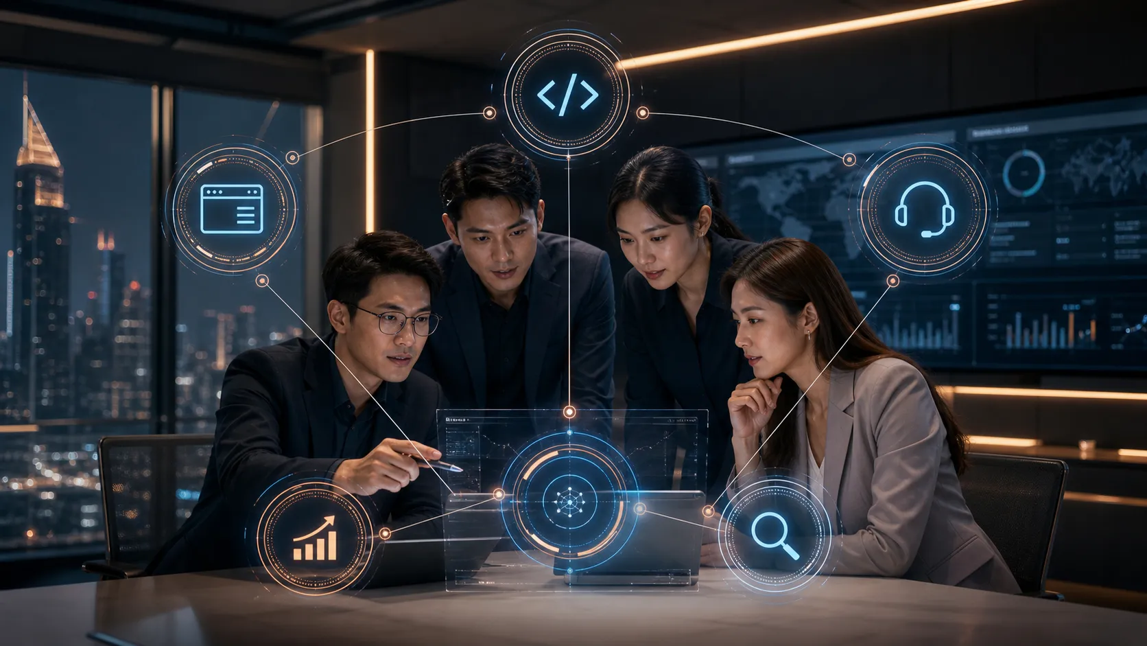 ภาพประกอบ AI Agent เฉพาะทางหลายตัวทำงานร่วมกัน